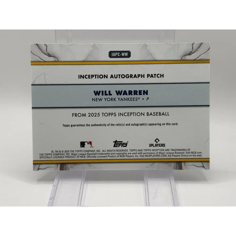 2025 Topps Inception Will Warren Rookie Aqua Jersey Patch Auto 43/75 SP Yankees